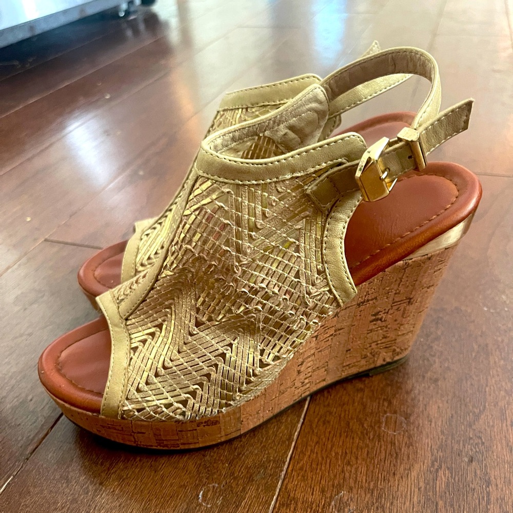 Target Gold open toed Wedge High Heel Shoes Size 6.5